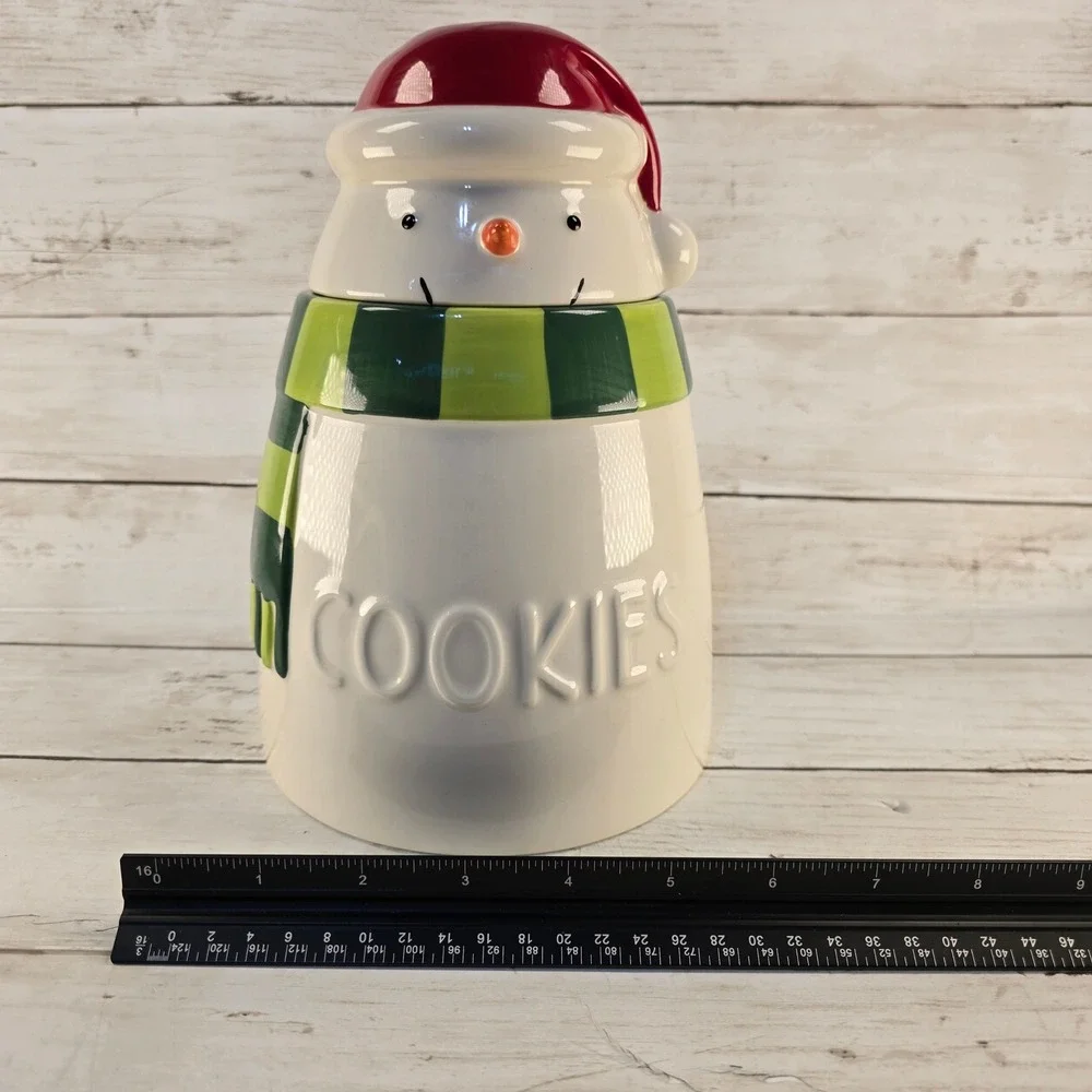Hallmark Snowman Cookie Jar Christmas Ceramic Holiday Decor Red Green White